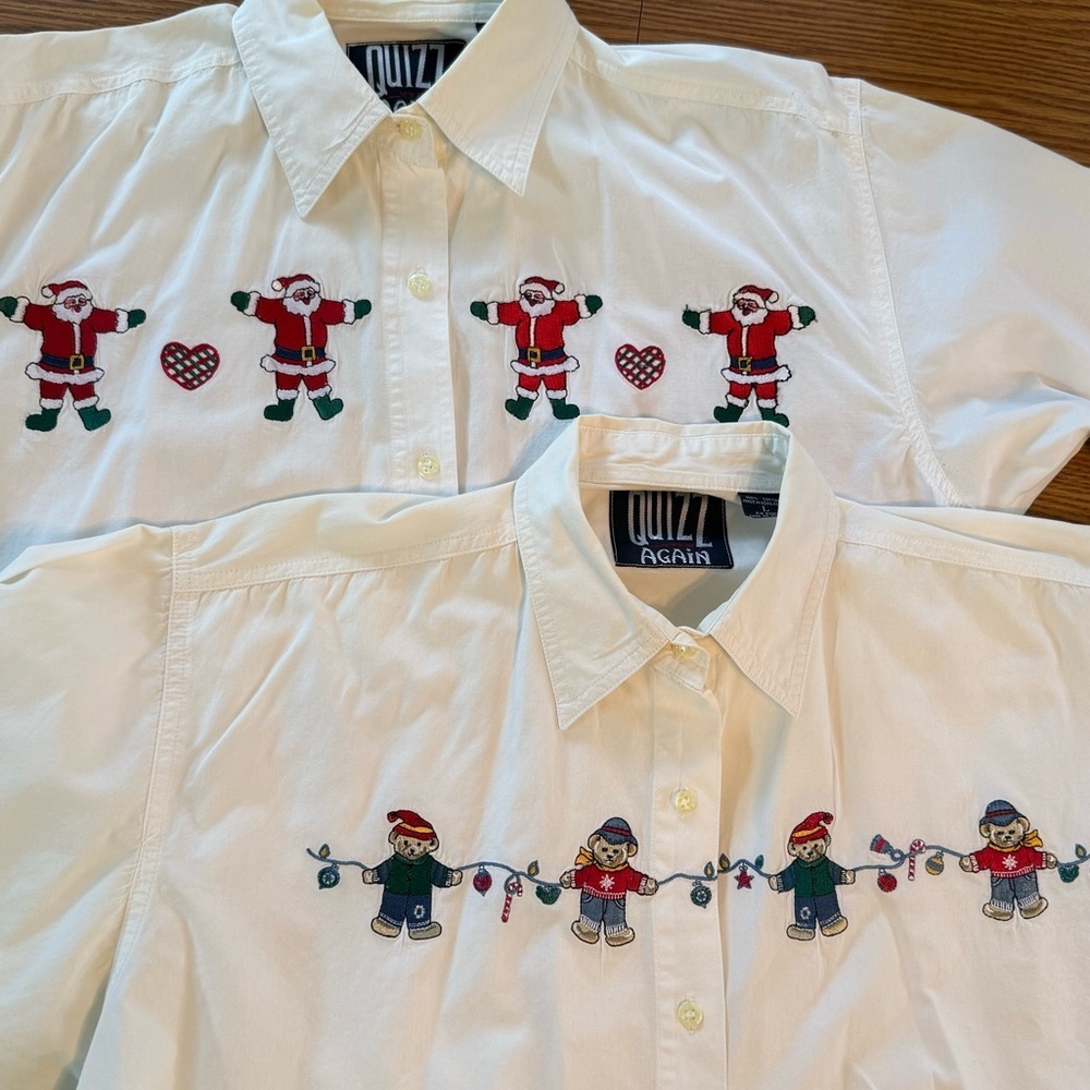 2 pc - Festive White Button Up Shirts with Santa & Teddy Bear Embroidery - Picture 3 of 13
